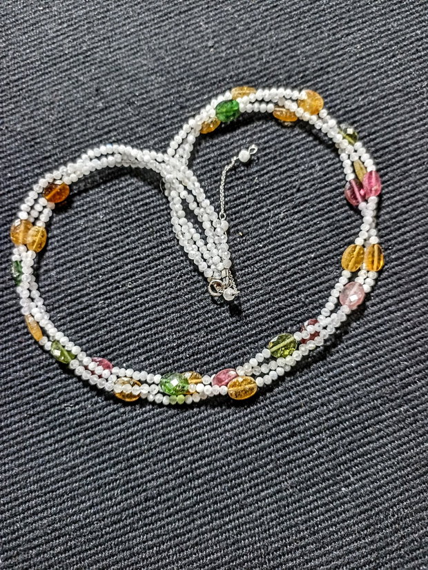 Colier argint X3 piatra lunii turmalina multicolora minimalist boho chic trendy - Transport gratuit