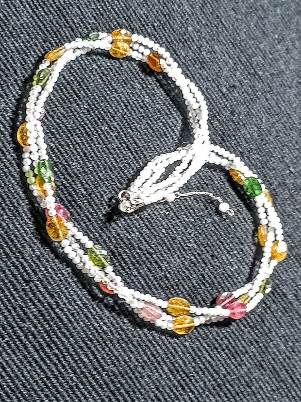 Colier argint X3 piatra lunii turmalina multicolora minimalist boho chic trendy - Transport gratuit