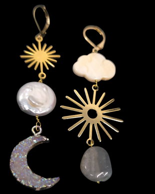 Cercei asimetrici din inox, labradorit si perle, cercei lungi, cercei statement, cercei handmade