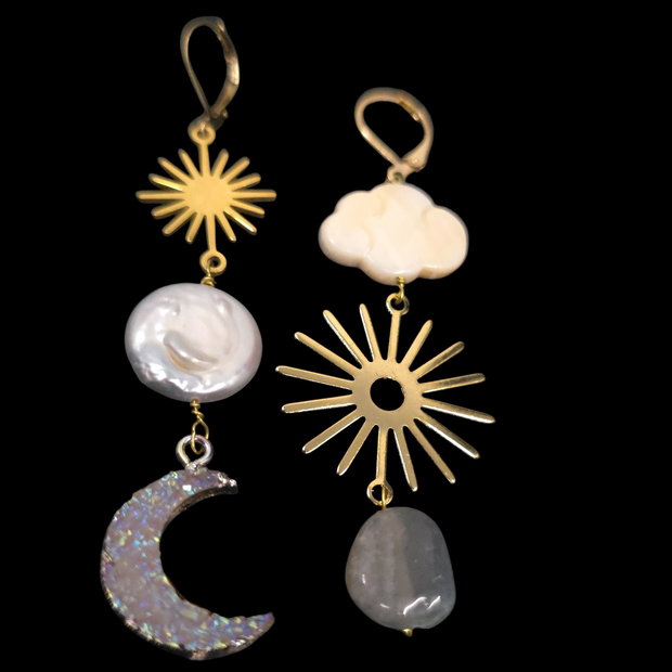 Cercei asimetrici din inox, labradorit si perle, cercei lungi, cercei statement, cercei handmade