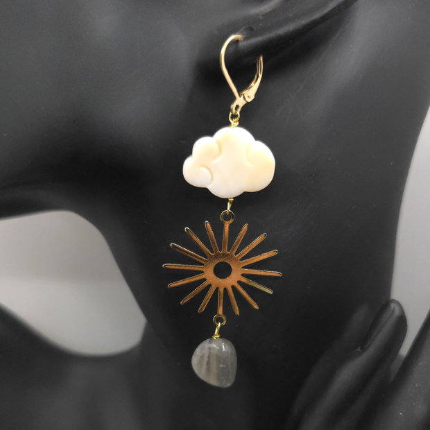 Cercei asimetrici din inox, labradorit si perle, cercei lungi, cercei statement, cercei handmade