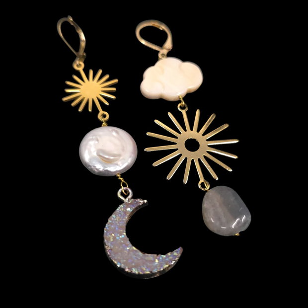 Cercei asimetrici din inox, labradorit si perle, cercei lungi, cercei statement, cercei handmade