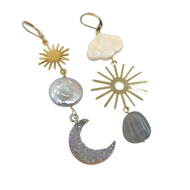 Cercei asimetrici din inox, labradorit si perle, cercei lungi, cercei statement, cercei handmade