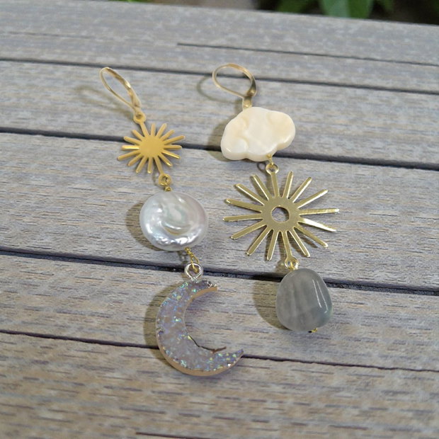 Cercei asimetrici din inox, labradorit si perle, cercei lungi, cercei statement, cercei handmade