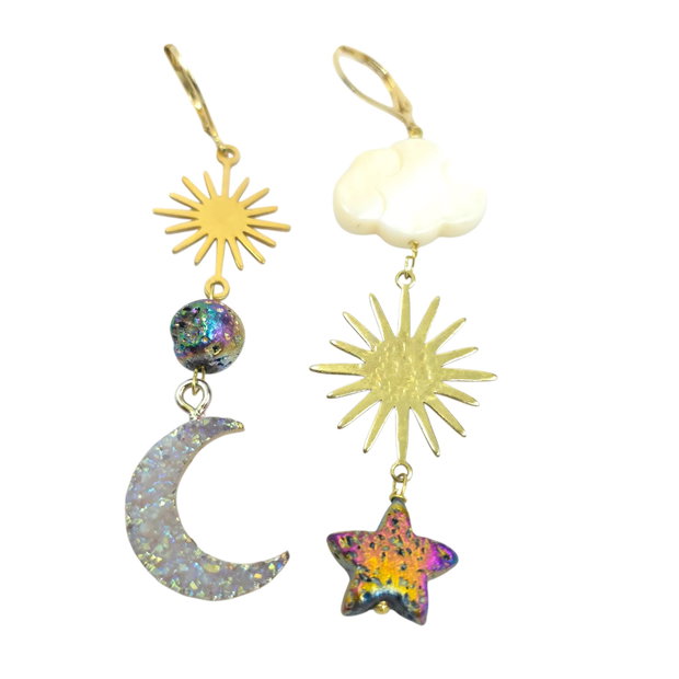 Cercei asimetrici din inox, rasina si lava, cercei lungi, cercei statement, cercei handmade