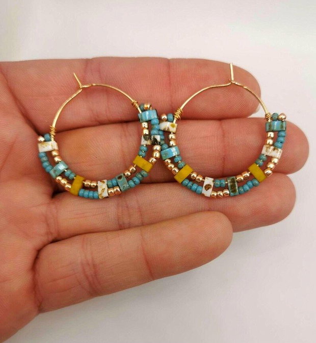 Cercei rotunzi cu margele Tila turcoaz, cercei handmade boho