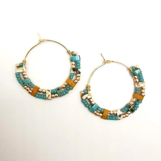 Cercei rotunzi cu margele Tila turcoaz, cercei handmade boho