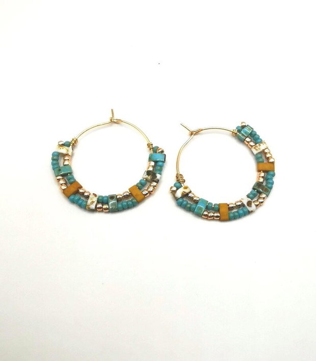 Cercei rotunzi cu margele Tila turcoaz, cercei handmade boho