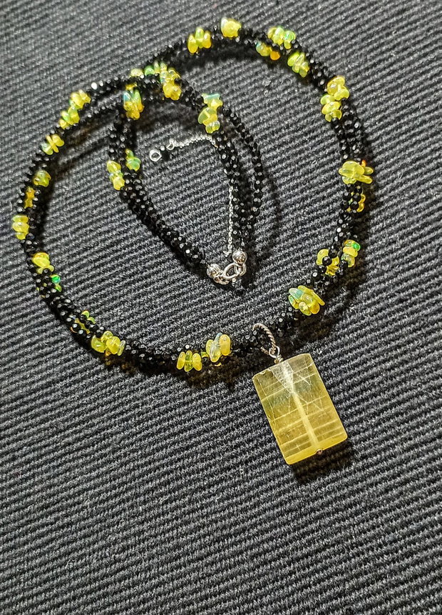 Colier argint X3 opal de foc etiopian chips spinel negru flourit galben minimalist boho chic trendy - Transport gratuit
