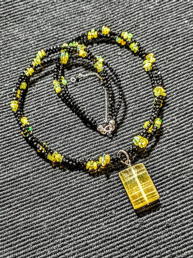 Colier argint X3 opal de foc etiopian chips spinel negru flourit galben minimalist boho chic trendy - Transport gratuit