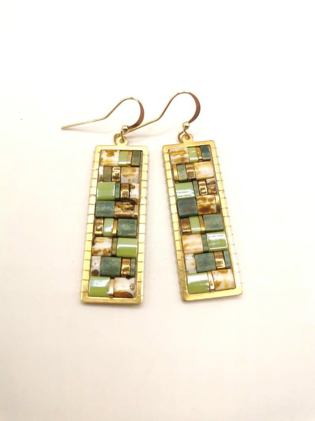 Cercei Mozaic Boho Dangle cu Tila verde, tortite placate cu aur 14k