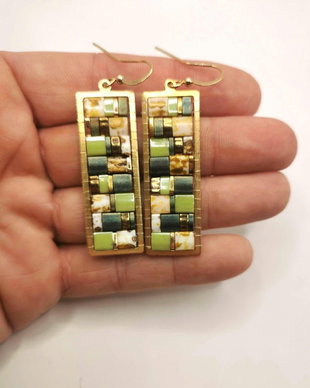 Cercei Mozaic Boho Dangle cu Tila verde, tortite placate cu aur 14k
