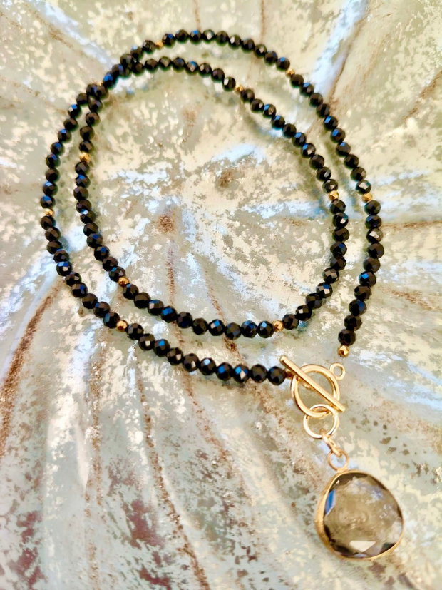 Colier CHOKER Turmalina neagra / spinel negru & pandantiv cuart fumuriu