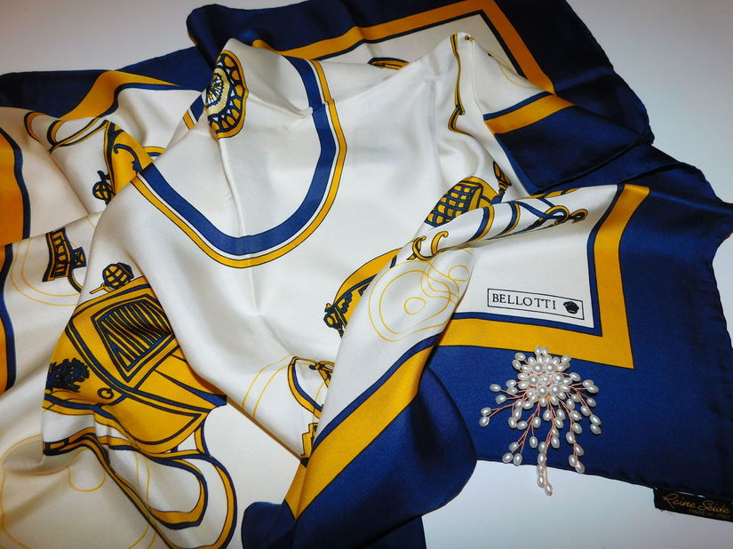 BELOTTI,  esarfa noua matase naturala plina ,  designer,  brosa perle  cultura cadou