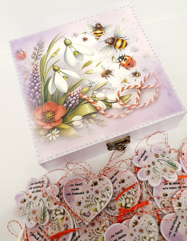 Set cadou martisor, personalizat pentru invatatoare / educatoare, albinute, mov