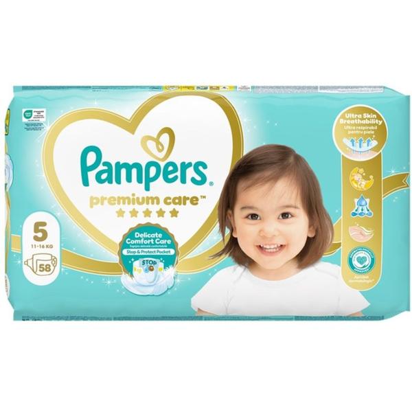 Scutece pentru Bebelusi - Pampers Premium Care Delicate Comfort Jumbo Pack, marimea 5 (11-16 kg), 58 buc