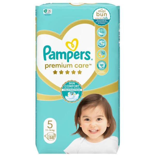 Scutece pentru Bebelusi - Pampers Premium Care Skin Comfort Jumbo Pack, marimea 5 (11-16 kg), 58 buc