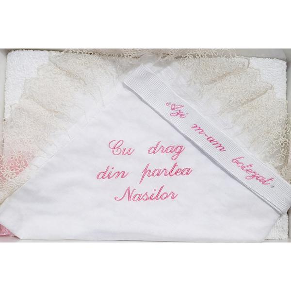 Trusou botez cu dantela - broderie roz