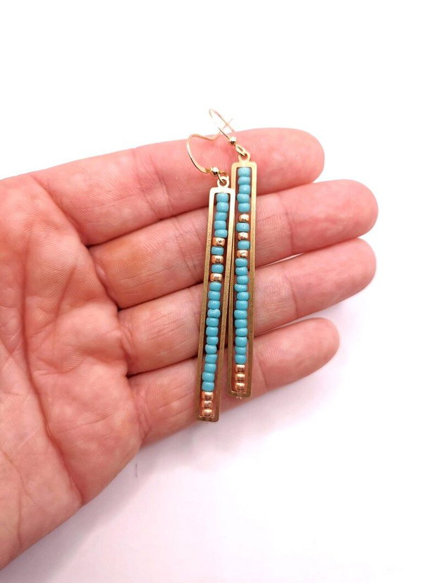 Cercei lungi boho minimalisti turcoaz cu margele Miyuki