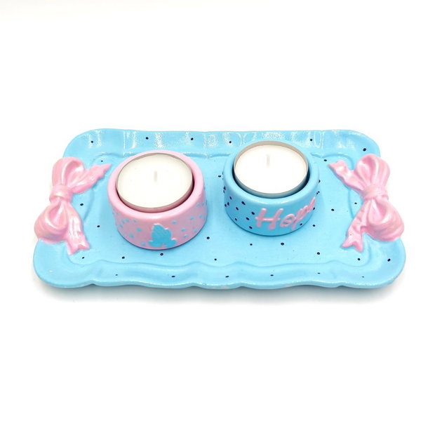 Set decorativ bleu, tavita cu fundite si lumanarele, 4569