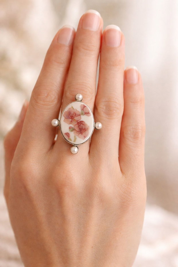 Inel "Pearl Sakura" din fragment de portelan Limoges, perle Seashell si argint