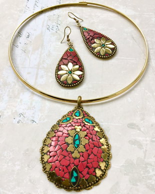 Set Nepalez coral rosu & turcoaz