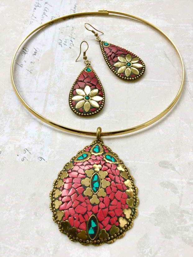 Set Nepalez coral rosu & turcoaz