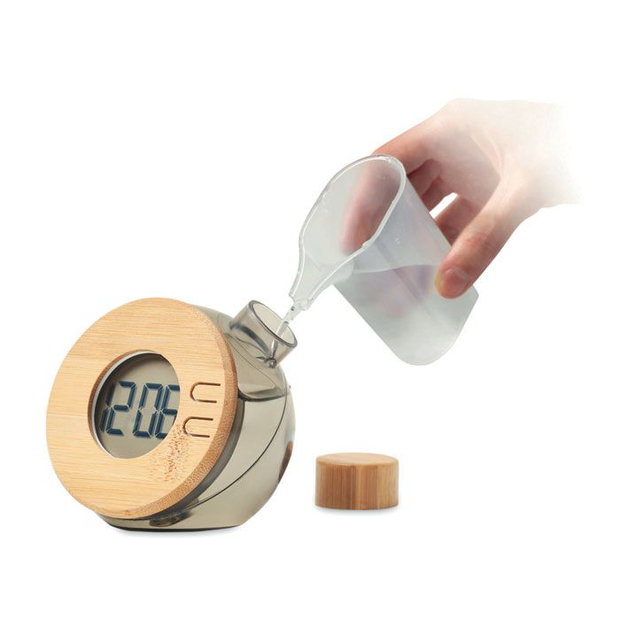Ceas de birou AquaBamboo Lux afisaj LCD mare, design bambus natural, alimentare cu apa