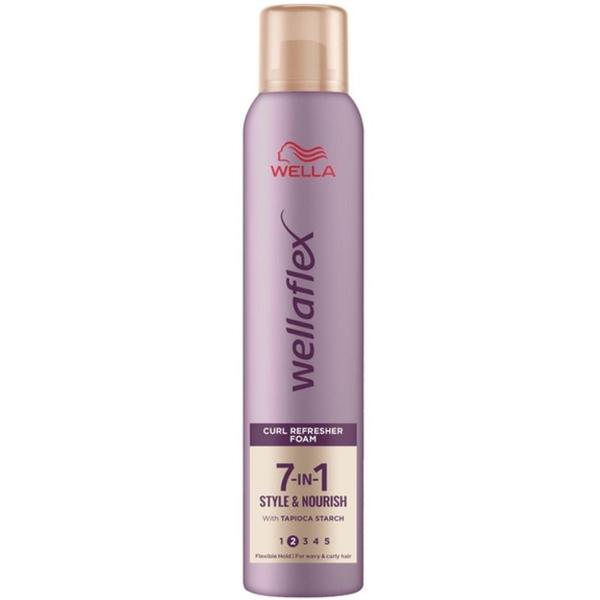 Spuma pentru Par Ondulat si Buclat, cu Fixare Flexibila - Wella Wellaflex 7-in-1 Style & Nourish Curl Refresher Foam, 200 ml