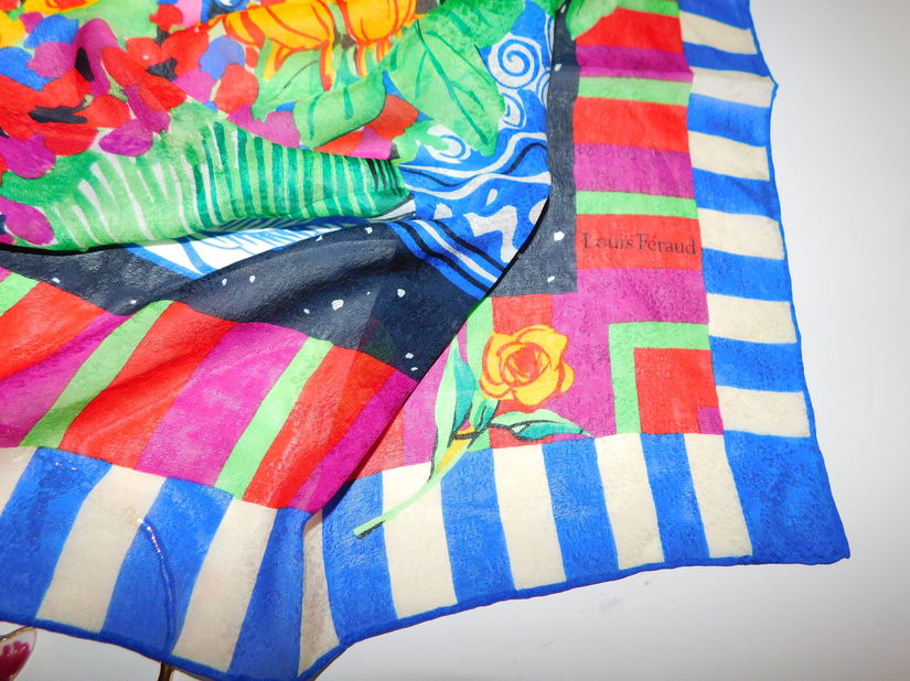 Louis Feraud, esarfa matase naturala voal,  originala,  vintage, cadou colier si cercei asortati