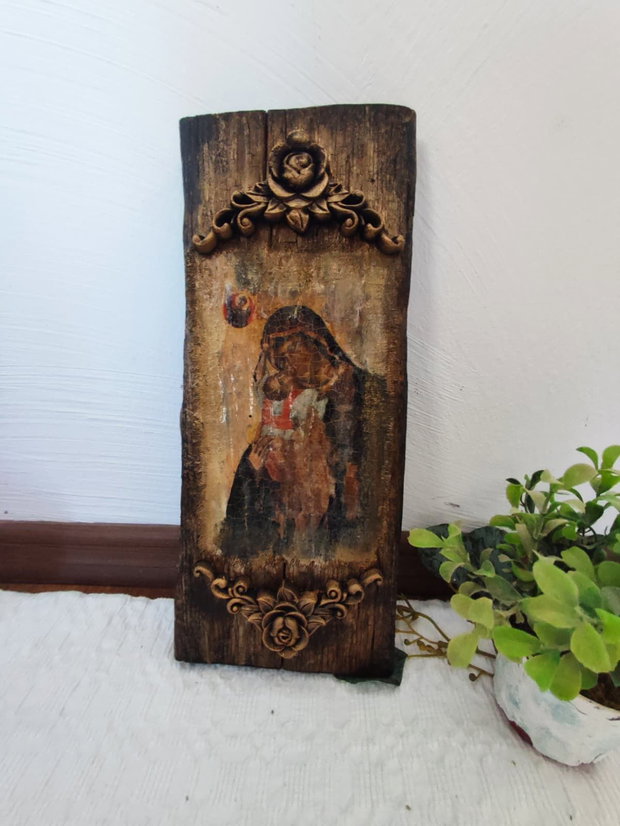 Icoană pe blat de lemn -Maica Domnului cu Pruncul