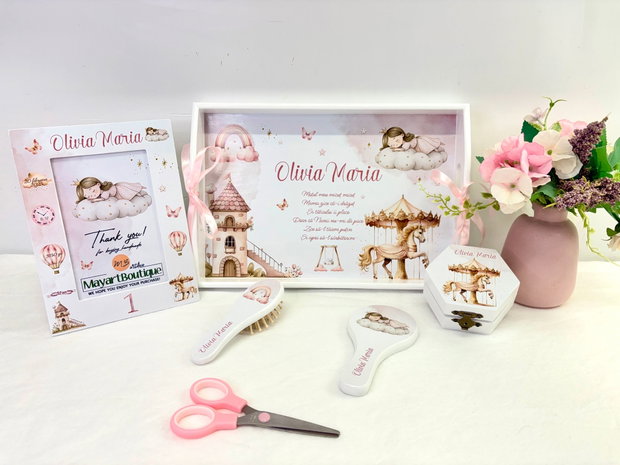 Set aniversar personalizat 1 anisor - Little girl- Tavita turta si accesorii