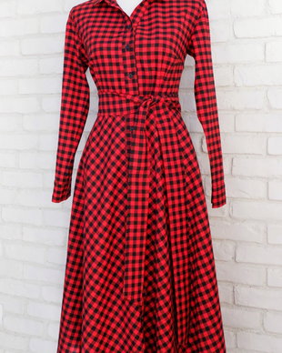 Rochie Camasa Decolteu in V Stofa Carouri Rosu Negru