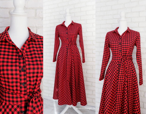 Rochie Camasa Decolteu in V Stofa Carouri Rosu Negru