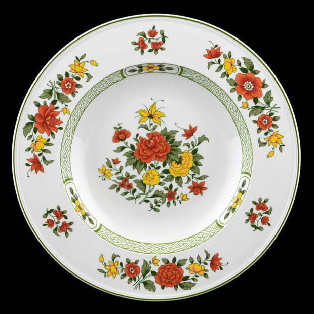 Colier "Triunghi de flori" din fragment de portelan Villeroy&Boch, perle de cultura si argint placat cu aur