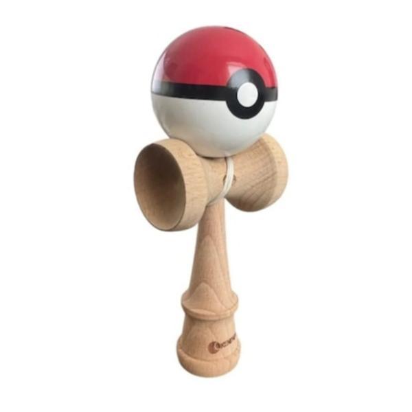 Kendama din lemn, model Pokeball rosu, 18cm