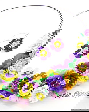 Set bijuterii handmade - flori multicolore colier și cercei (cod1376)