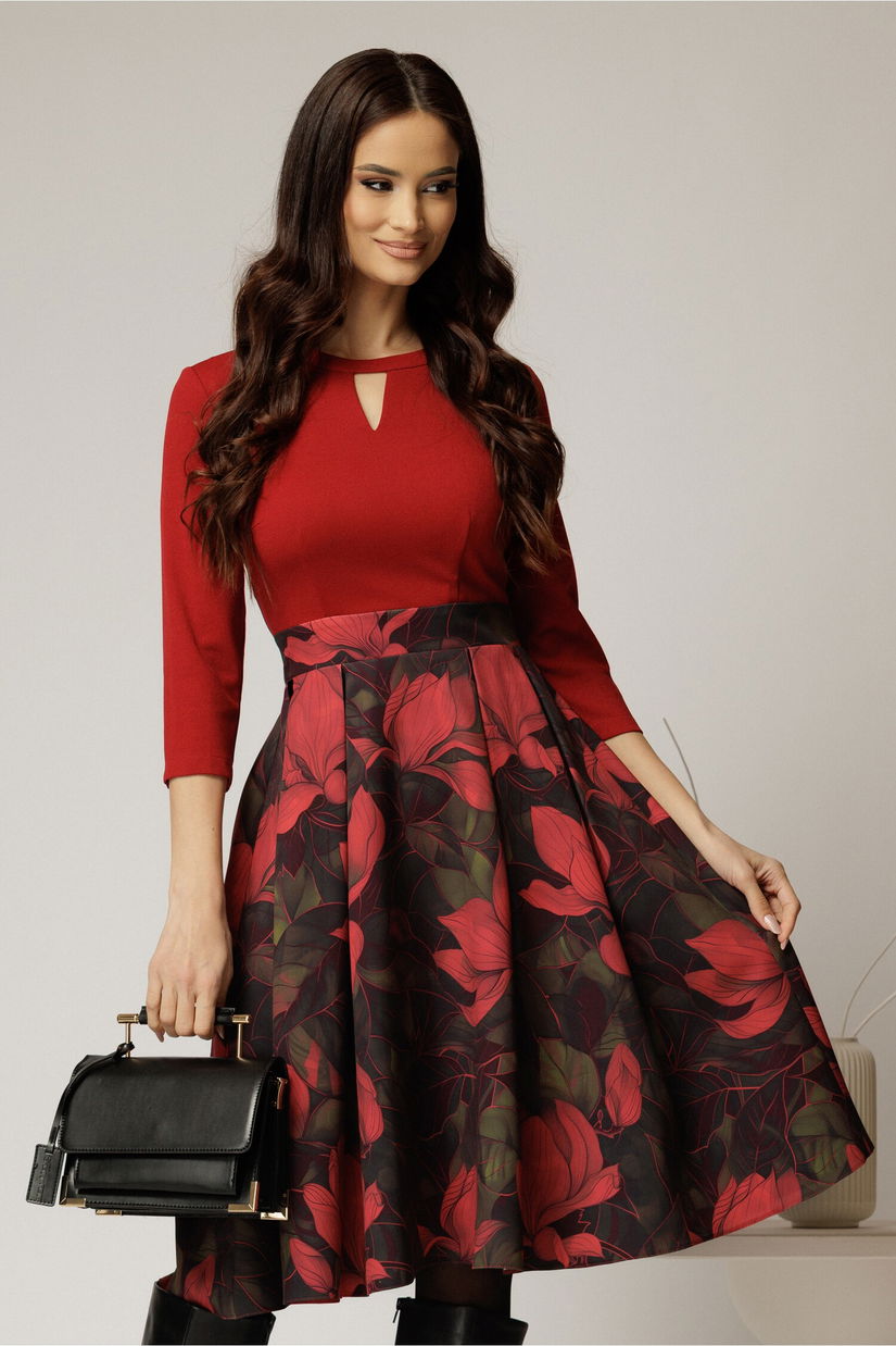 Rochie DY Fashion midi bordo cu imprimeu si decupaj la decolteu