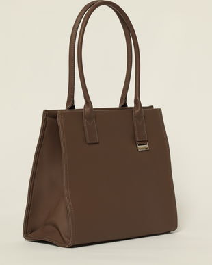 Geanta taupe office cu detaliu argintiu