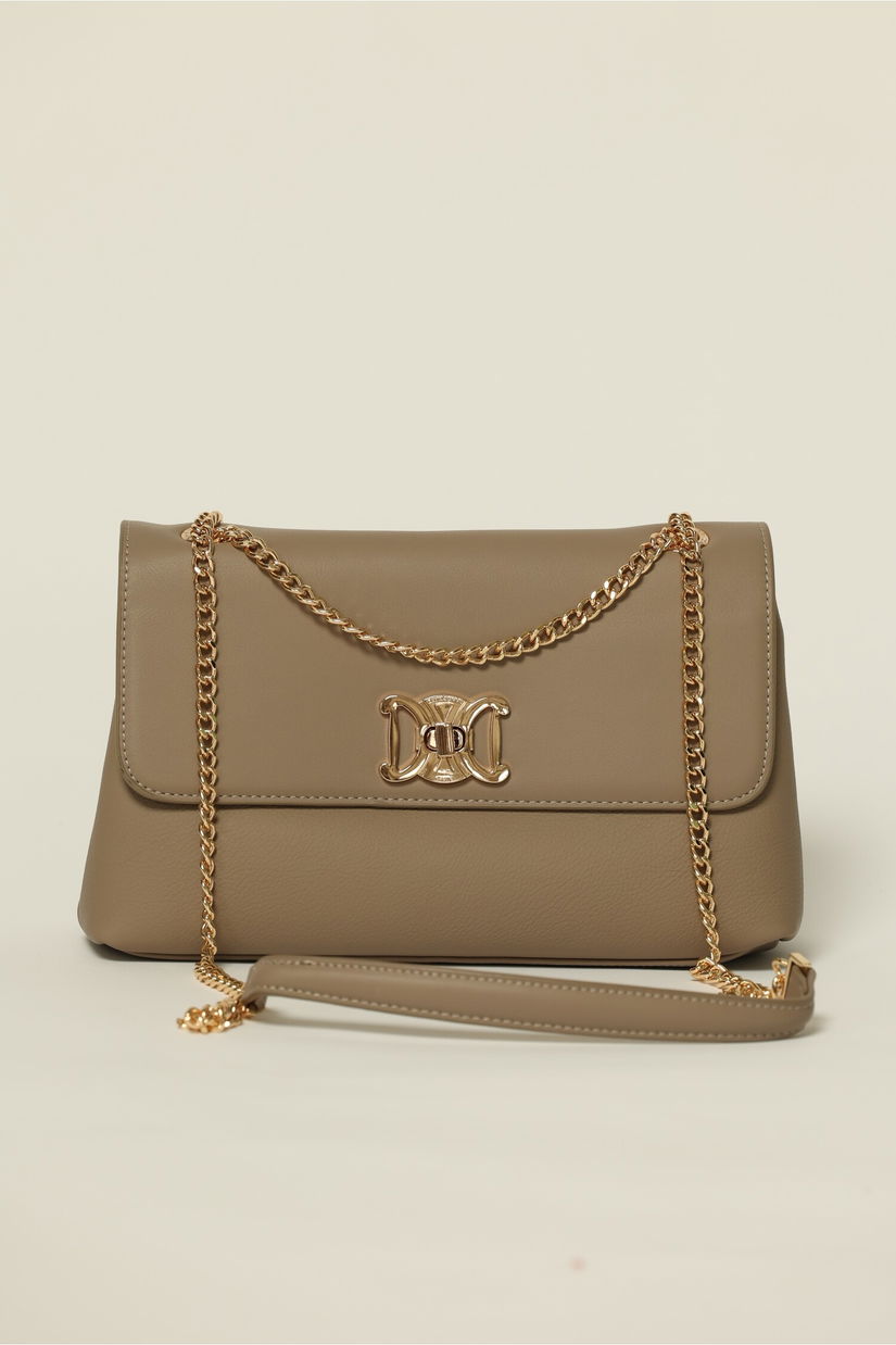 Geanta taupe eleganta cu detalii aurii