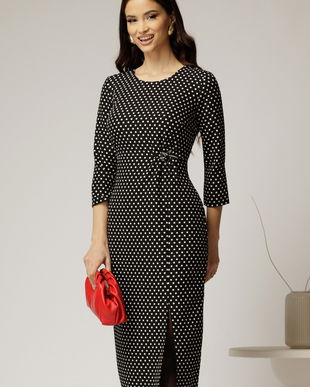 Rochie midi neagra cu buline albe si detaliu pe talie