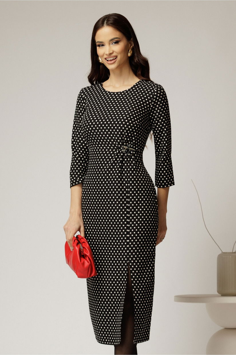 Rochie midi neagra cu buline albe si detaliu pe talie