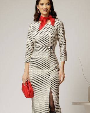 Rochie midi ivoar cu buline negre si detaliu pe talie