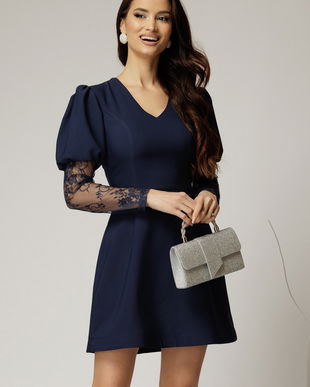 Rochie scurta bleumarin cu maneci din dantela si decolteu V