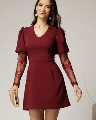 Rochie scurta bordo cu maneci din dantela si decolteu V