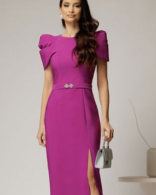 Rochie DY Fashion midi magenta de ocazie cu umeri bufanti si cordon detasabil