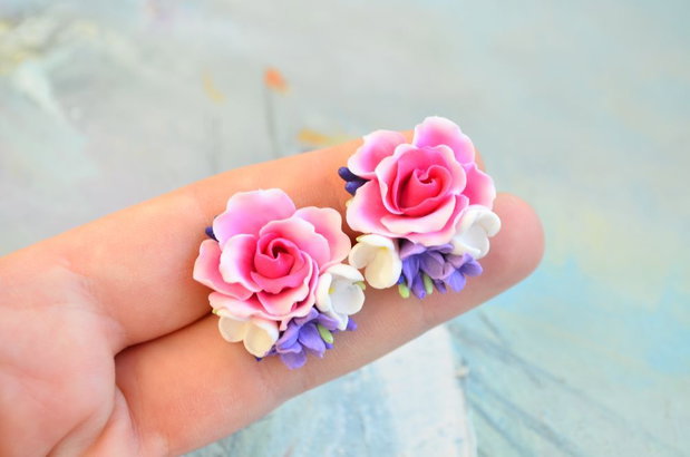 Trandafiri roz, liliac alb si lavanda- Cercei surub