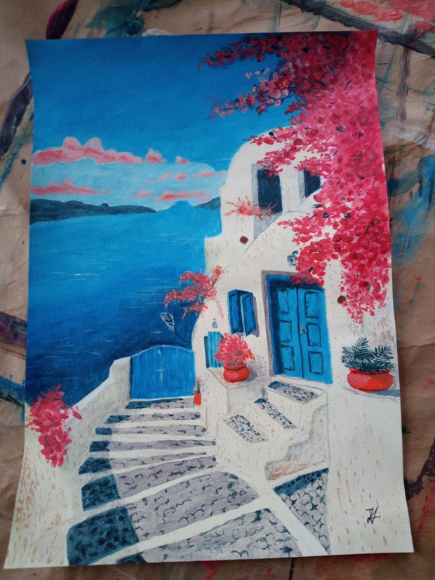 Pictura manuala acrilic "Serenity Now, Santorini"