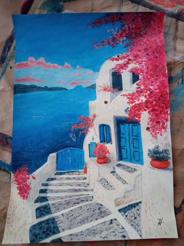 Pictura manuala acrilic "Serenity Now, Santorini"