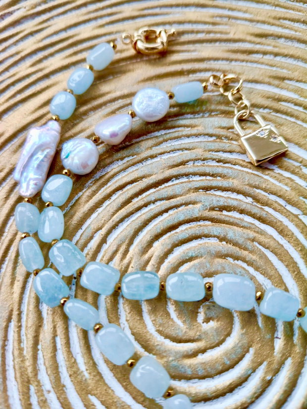 Colier Aquamarin / acvamarin natural & perle baroc / biwa